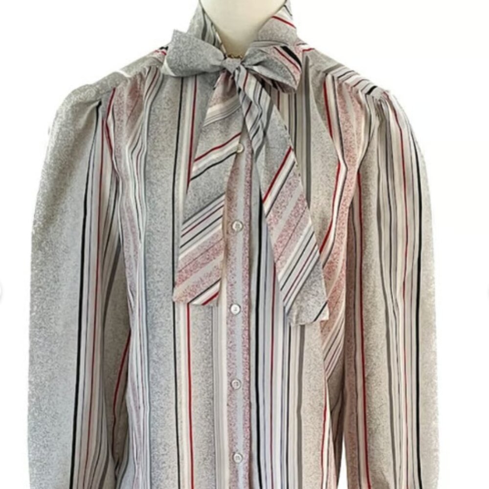 Vintage Devon Striped Button Down w P---y Neck Bow blouse size large L